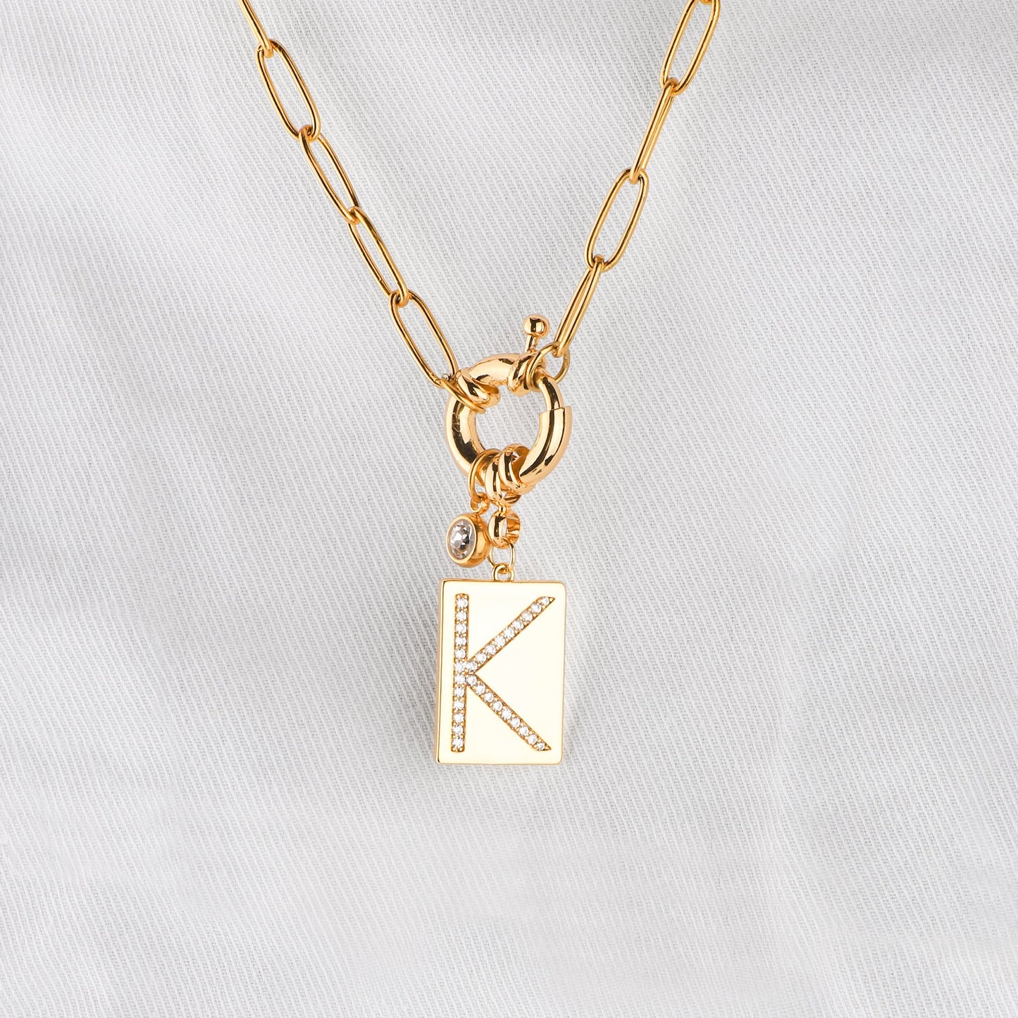 Pave Initial Pendant Necklace with Paperclip Chain