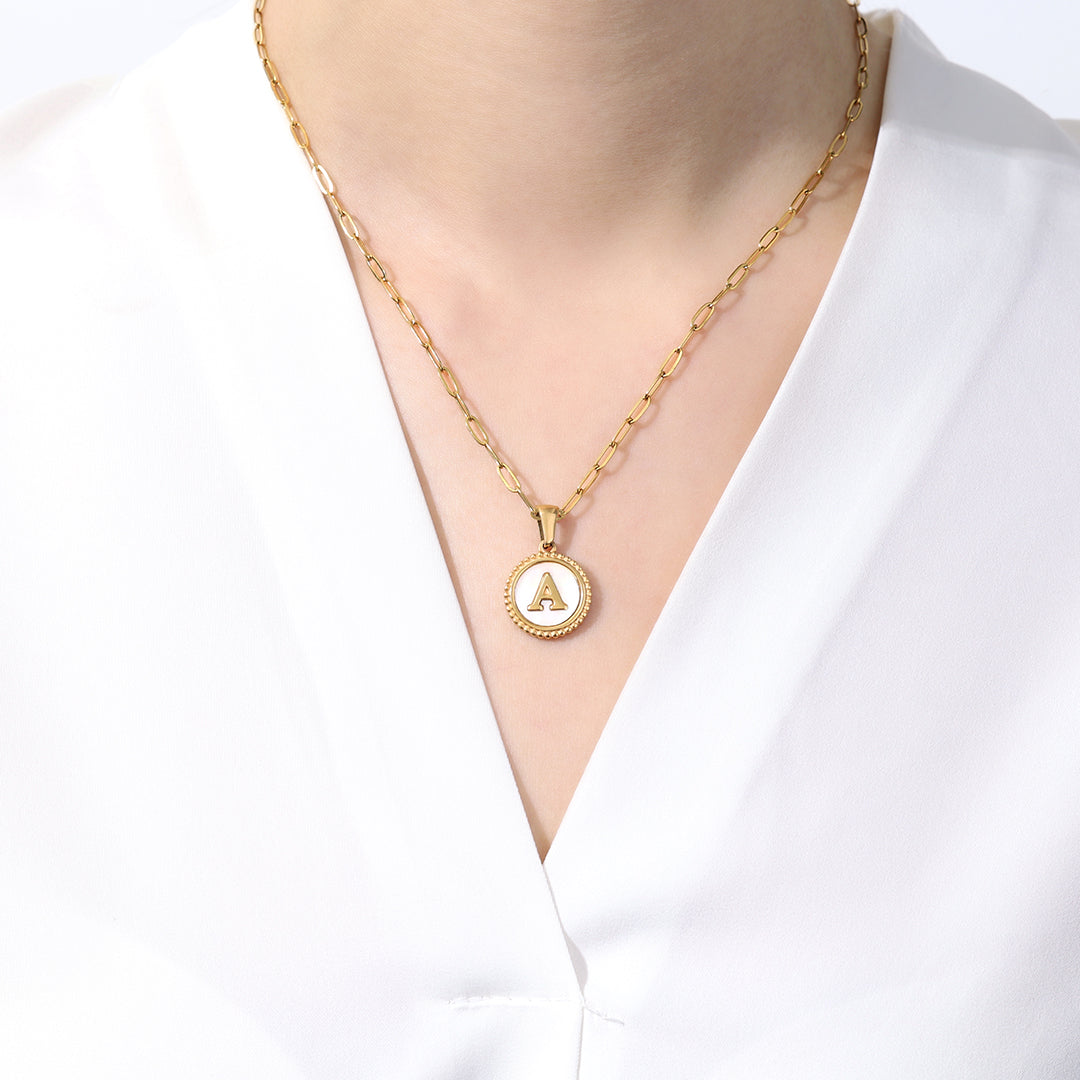 Mother of Pearl Disc Letter Necklace with Paperclip Chain