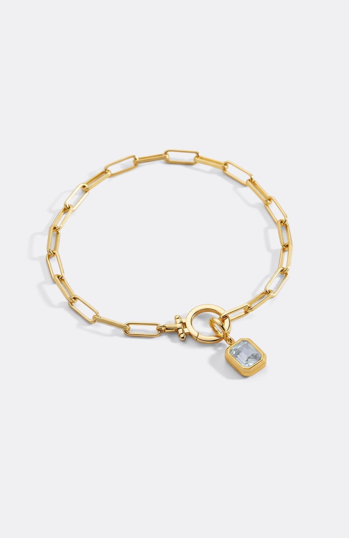 Baguette Birthstone Charm on Mint Paperclip Bracelet