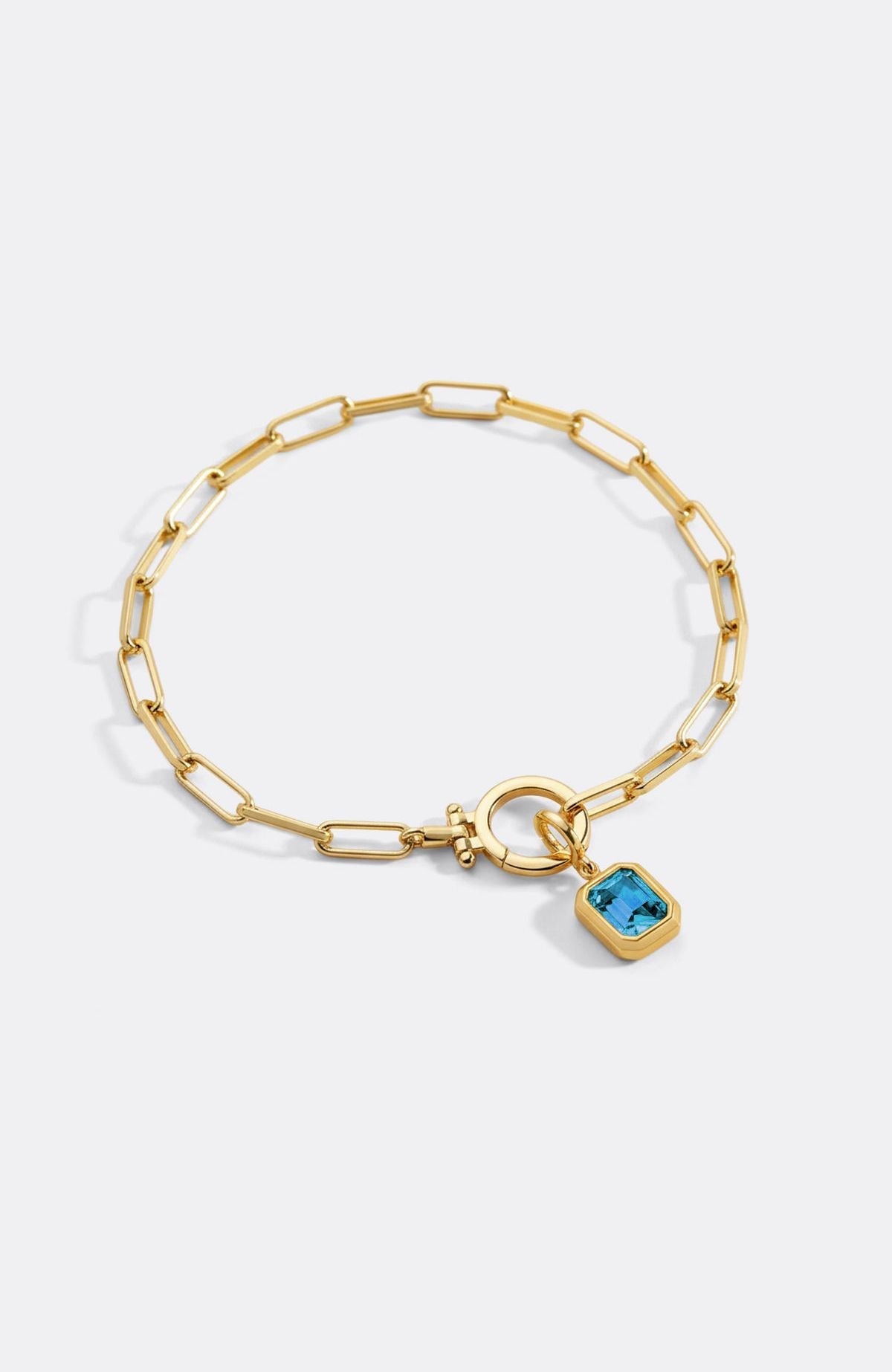 Baguette Birthstone Charm on Mint Paperclip Bracelet