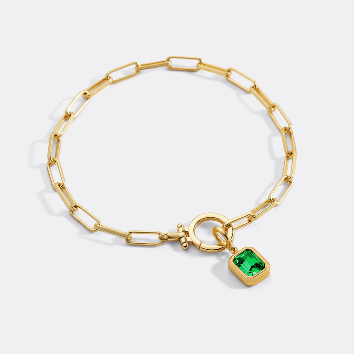 Baguette Birthstone Charm on Mint Paperclip Bracelet