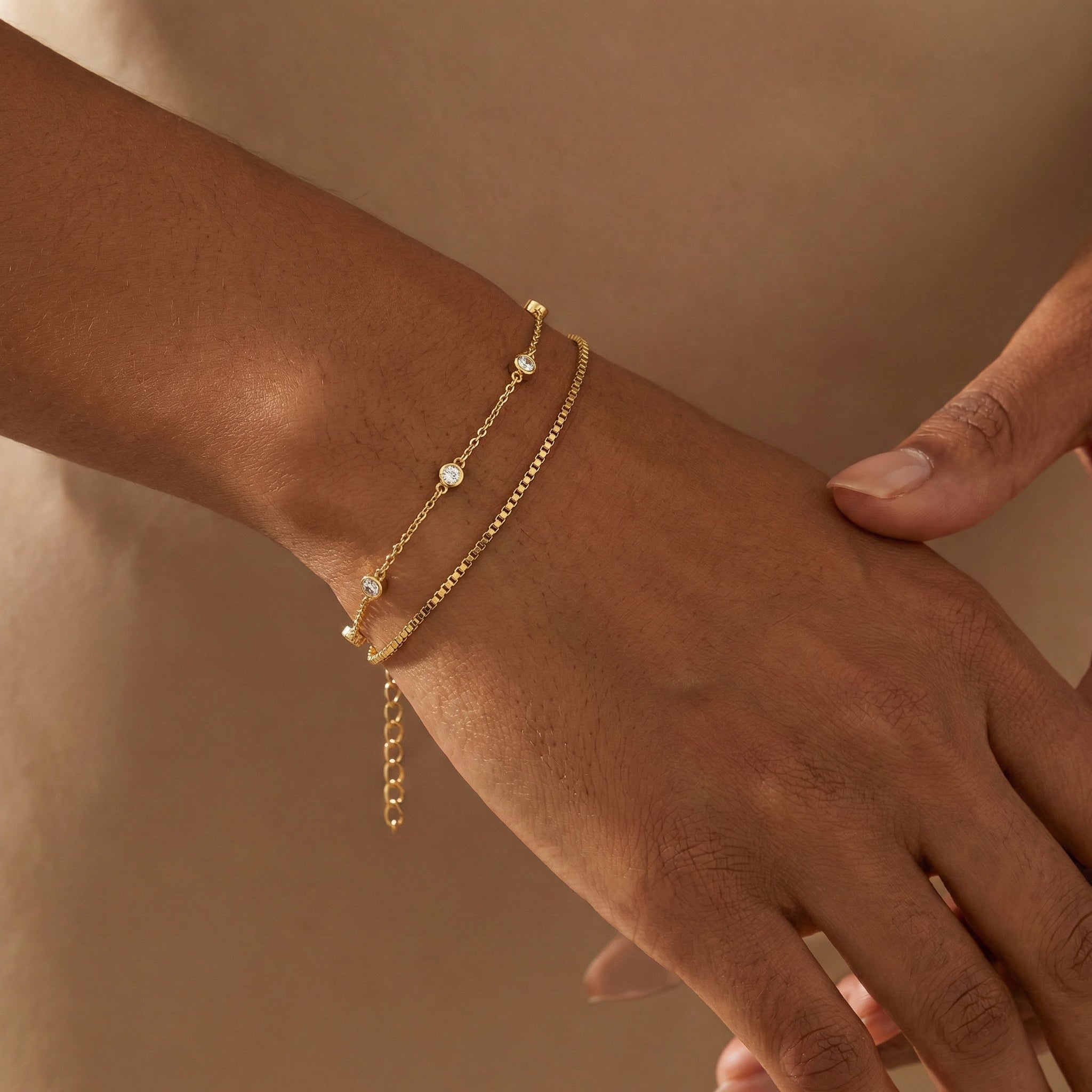 Bezel Set Diamond Bracelet and Box Chain Bracelet Stacking Set