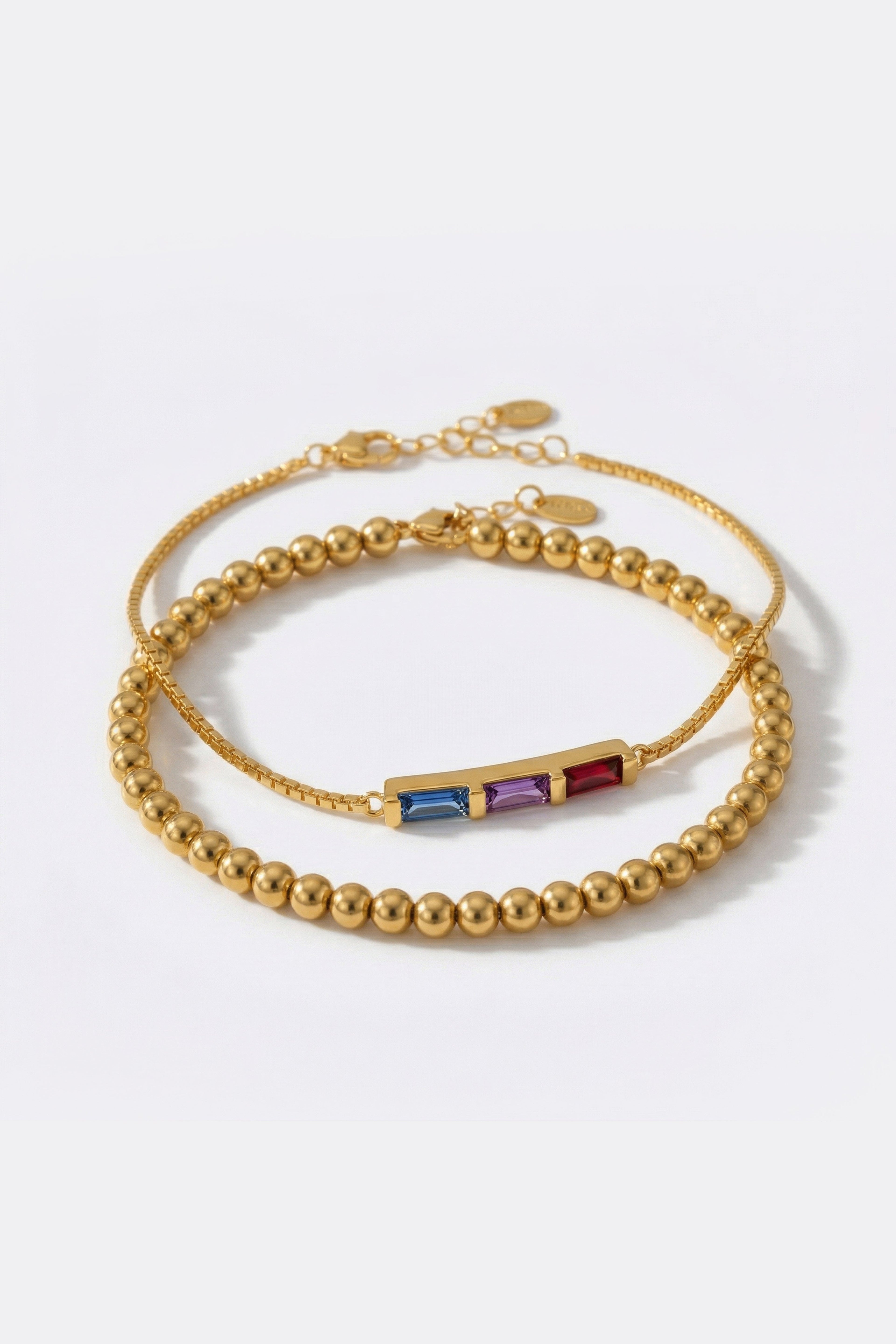 Dainty Baguette Birthstone Bracelet and Beaded Stacking Bracelet Set