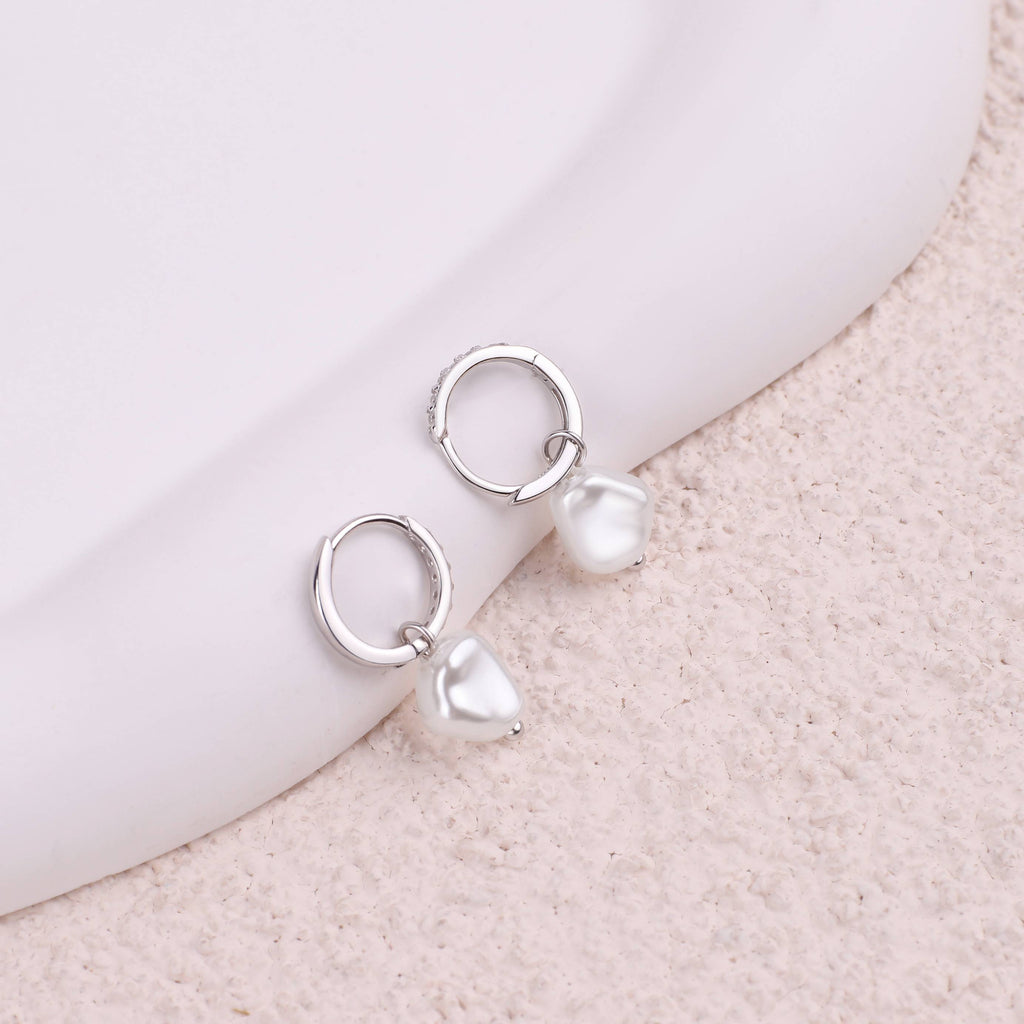 Freshwater Pearl Drop Pave Huggie Earrings