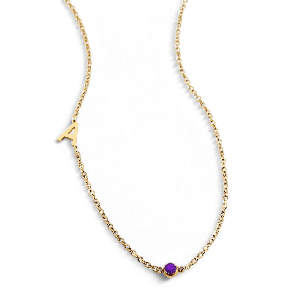 Initial Necklace with Birthstone Accent