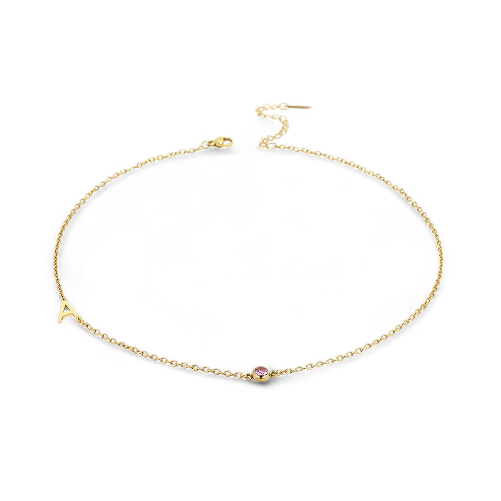 Initial Necklace with Birthstone Accent