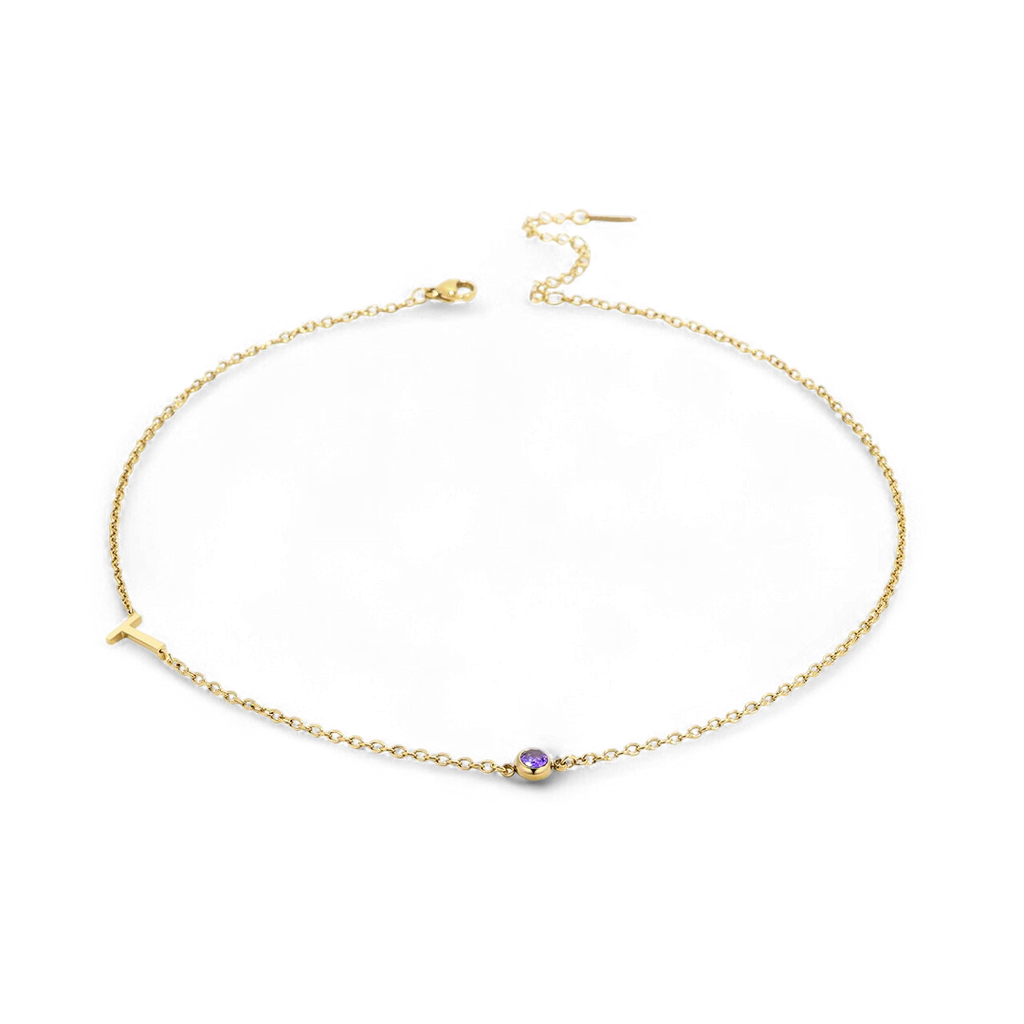 Initial Necklace with Birthstone Accent