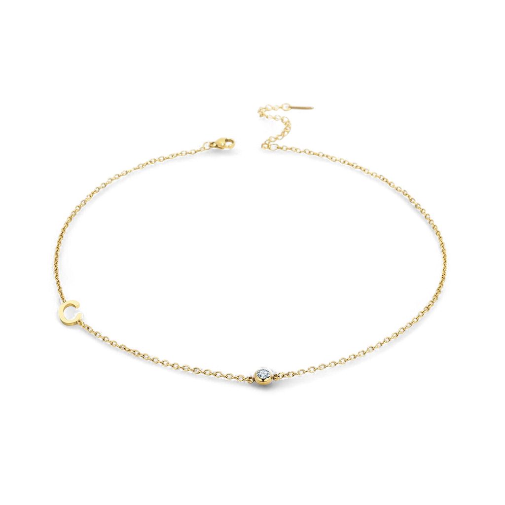 Initial Necklace with Birthstone Accent