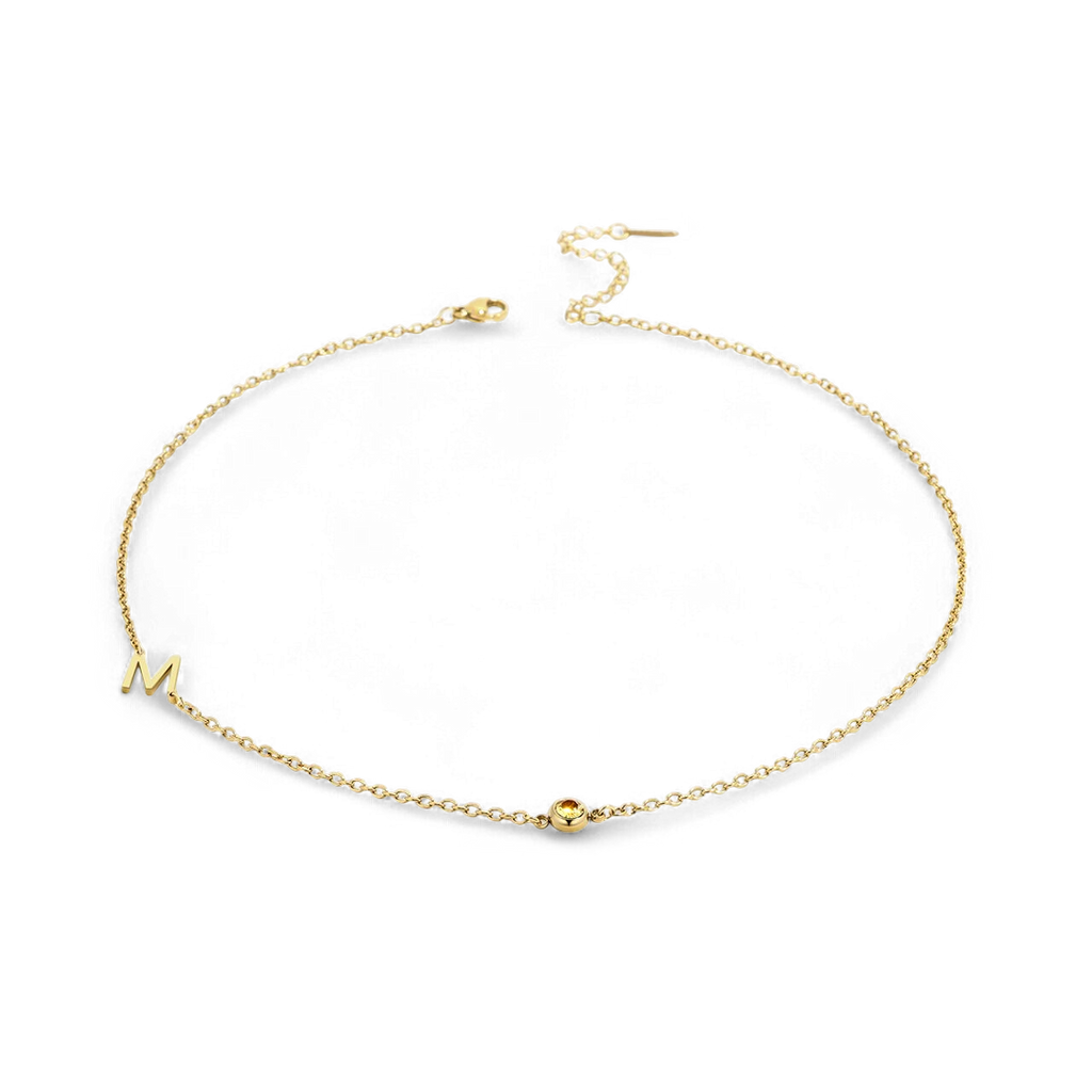 Initial Necklace with Birthstone Accent