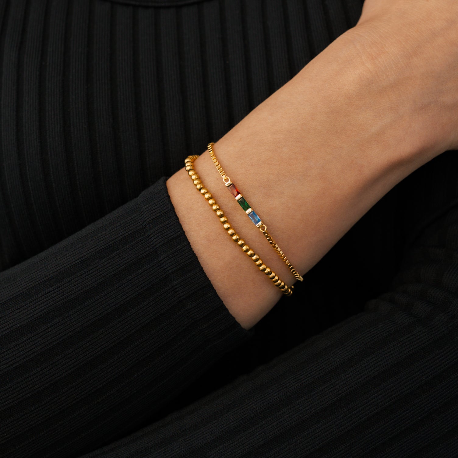Dainty Baguette Birthstone Bracelet and Beaded Stacking Bracelet Set