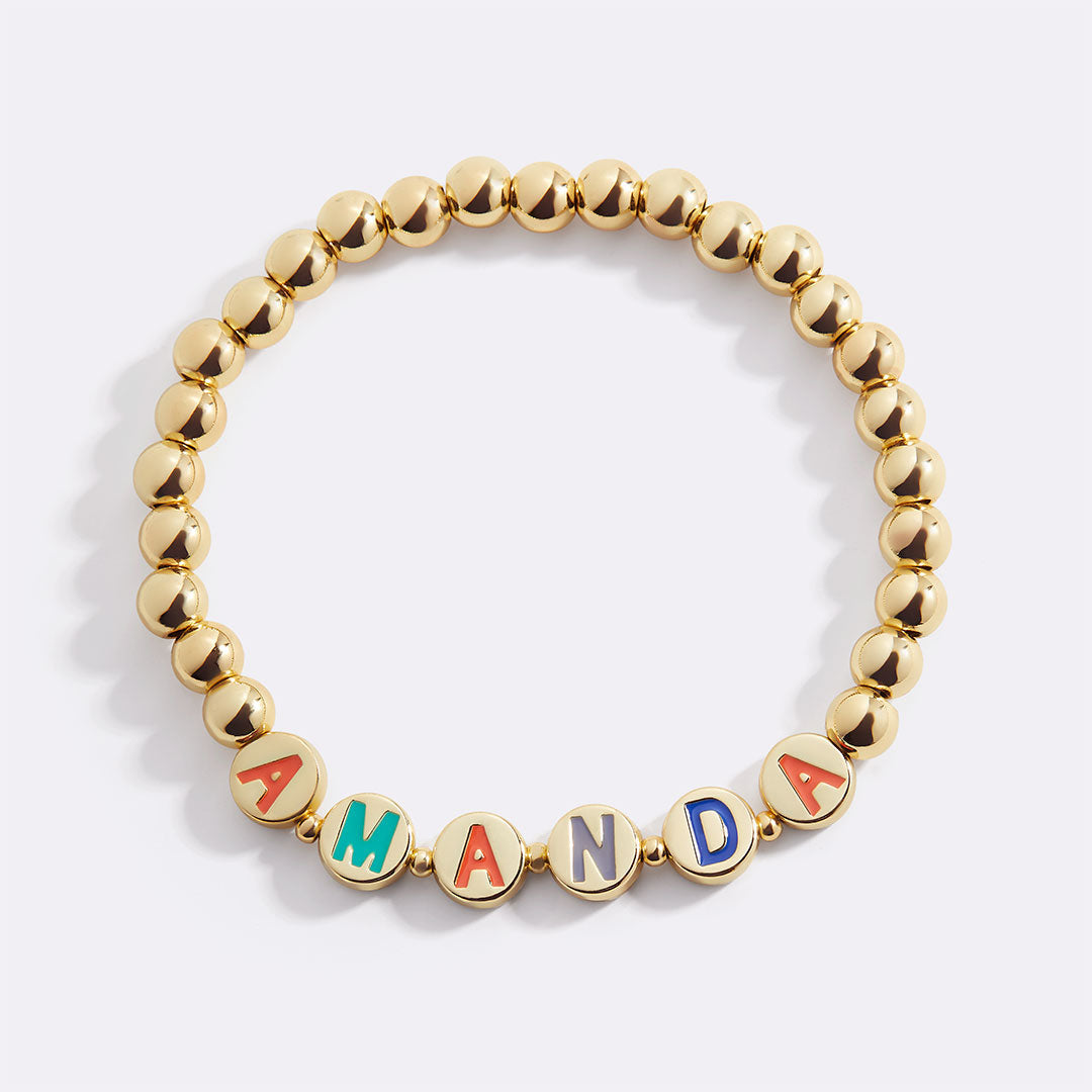 Custom Rainbow Letter Gold Disc Beaded Bracelet