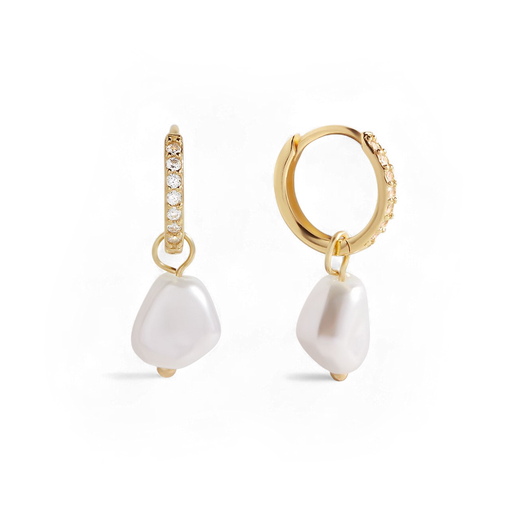Freshwater Pearl Drop Pave Huggie Earrings