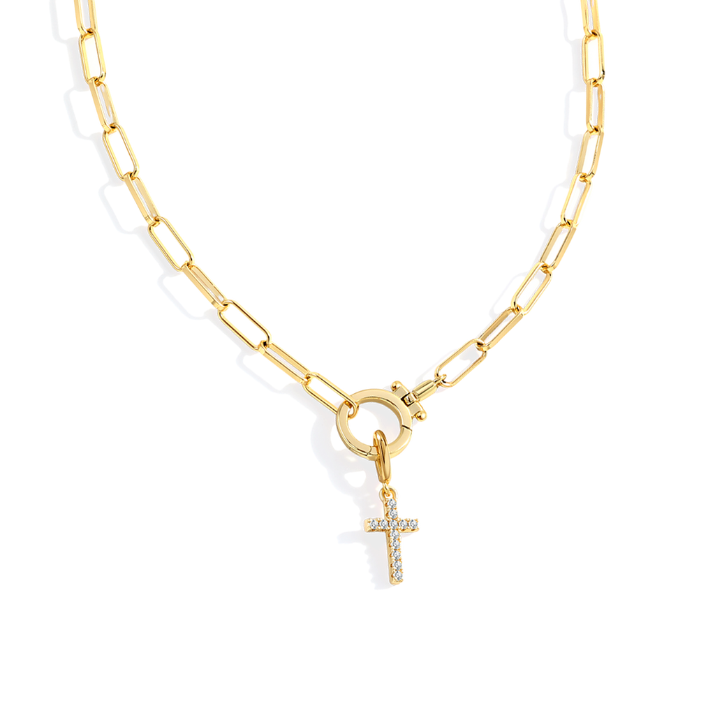 Mint Paperclip Necklace with Pave Cross Charm