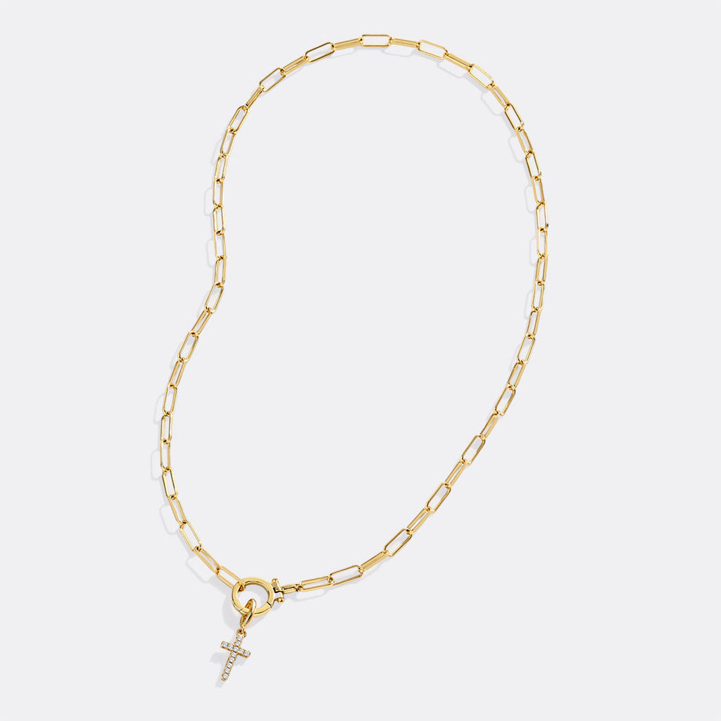 Mint Paperclip Necklace with Pave Cross Charm