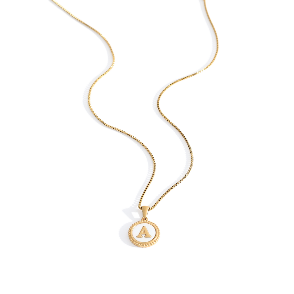 Mother of Pearl Disc Letter Necklace with Box Chain