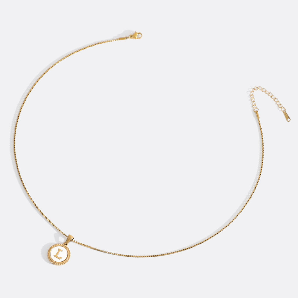 Mother of Pearl Disc Letter Necklace with Box Chain