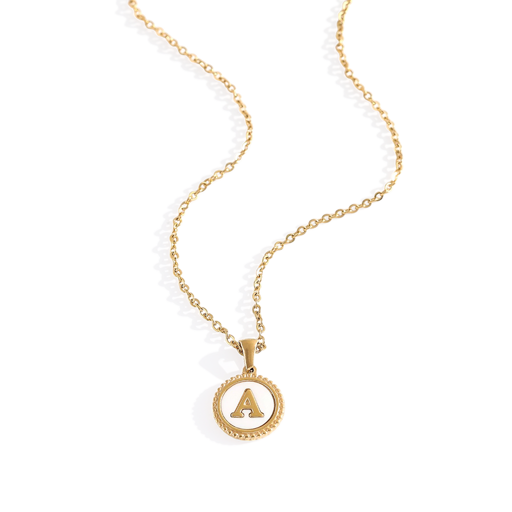 Mother of Pearl Disc Letter Necklace with Cable Chain
