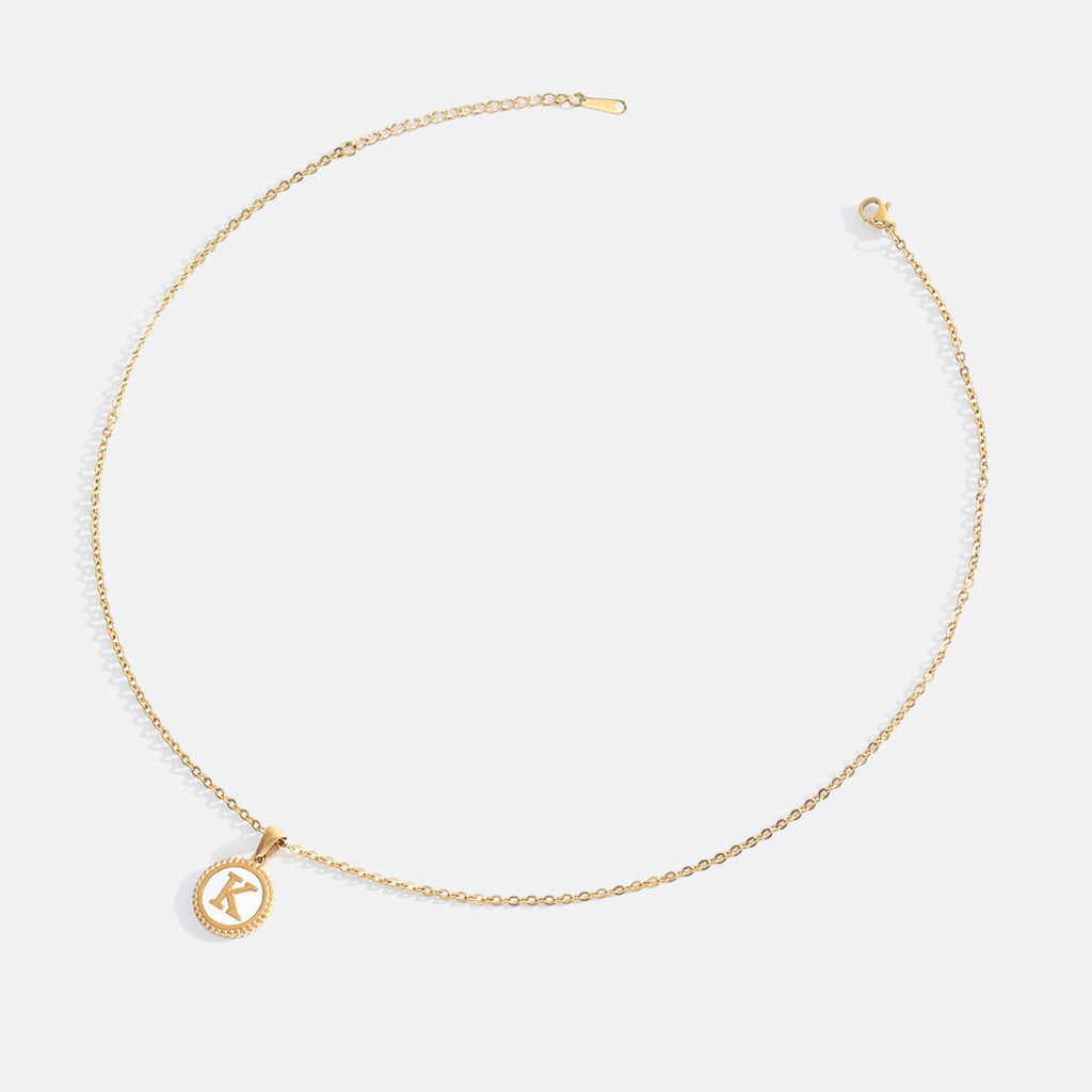 Mother of Pearl Disc Letter Necklace with Cable Chain