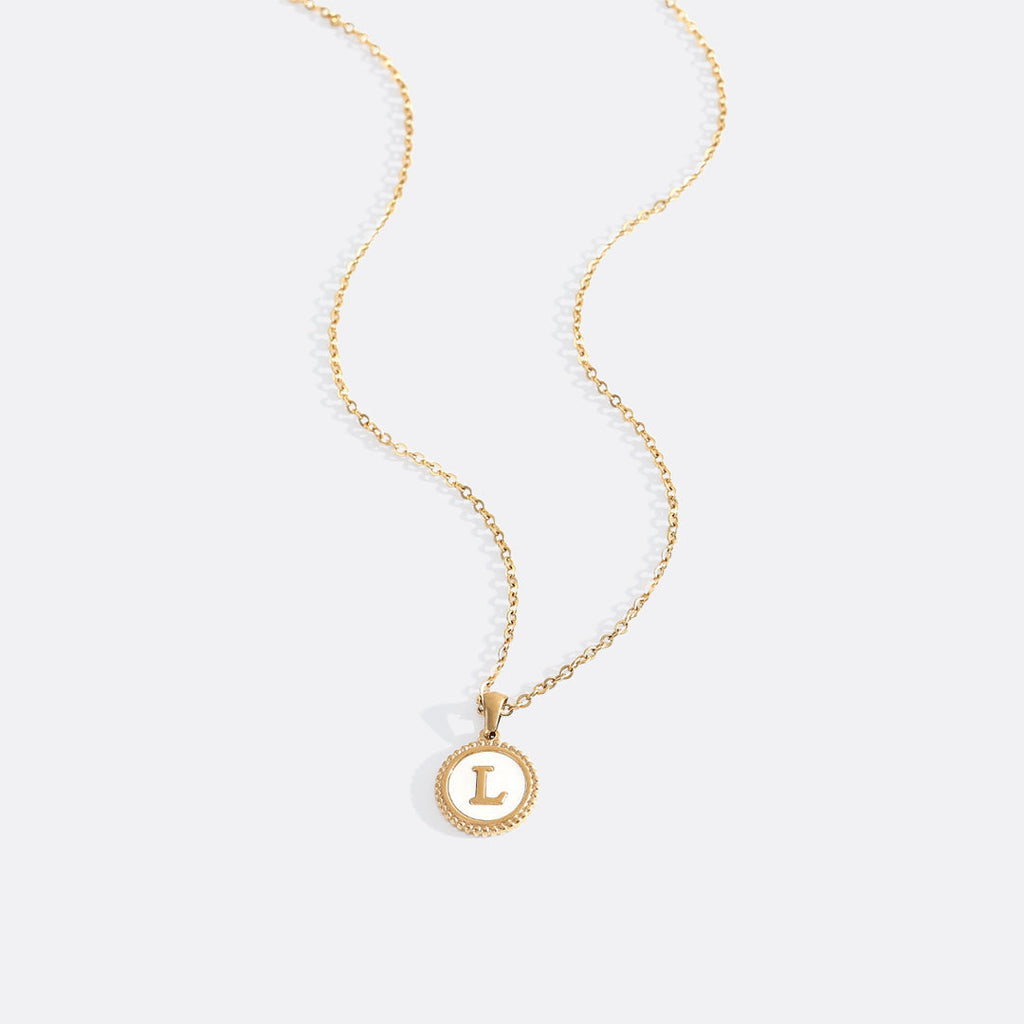 Mother of Pearl Disc Letter Necklace with Cable Chain