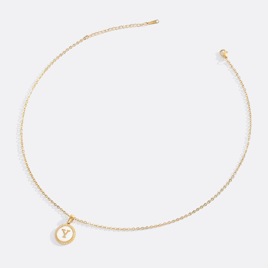 Mother of Pearl Disc Letter Necklace with Cable Chain