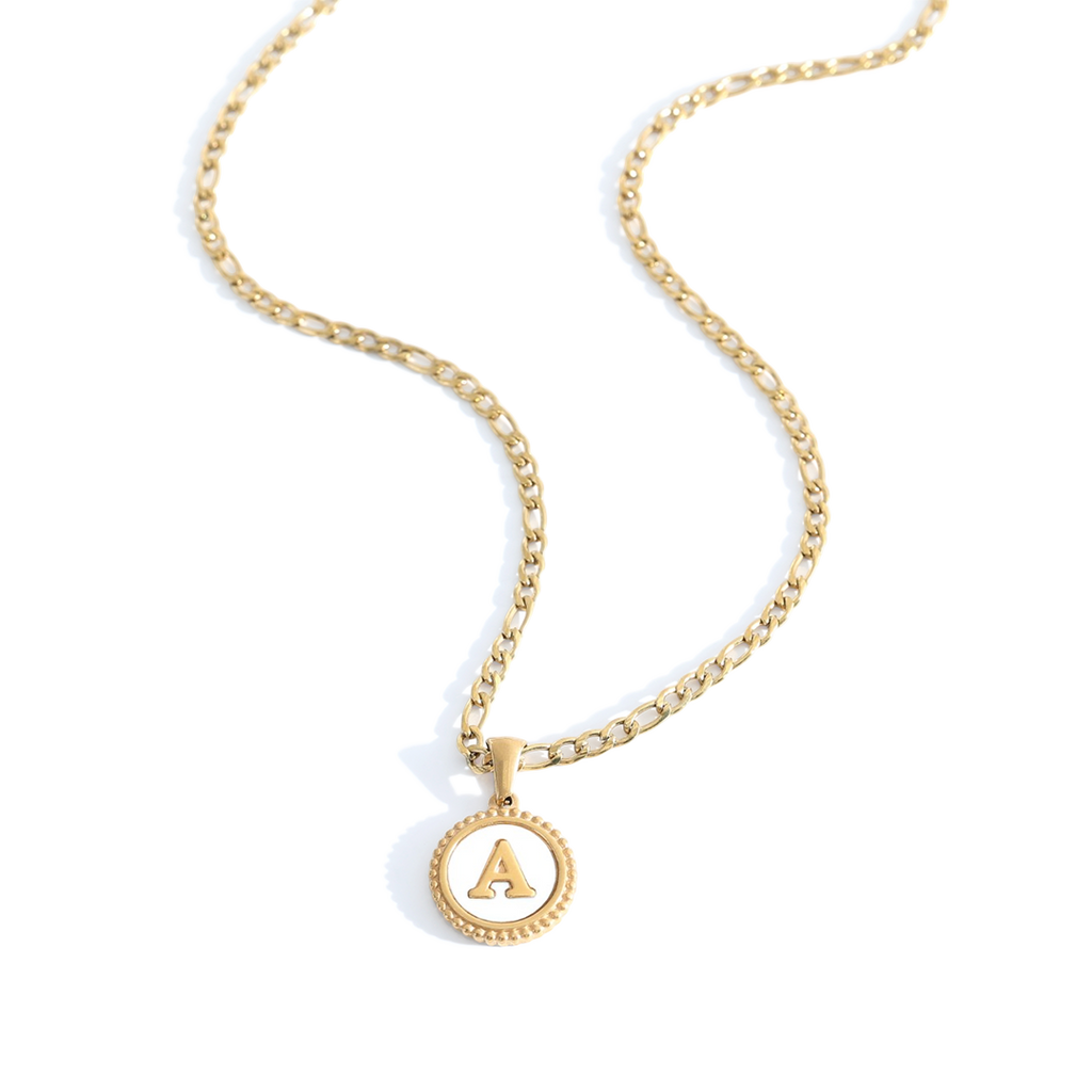 Mother of Pearl Disc Letter Necklace with Figaro Chain