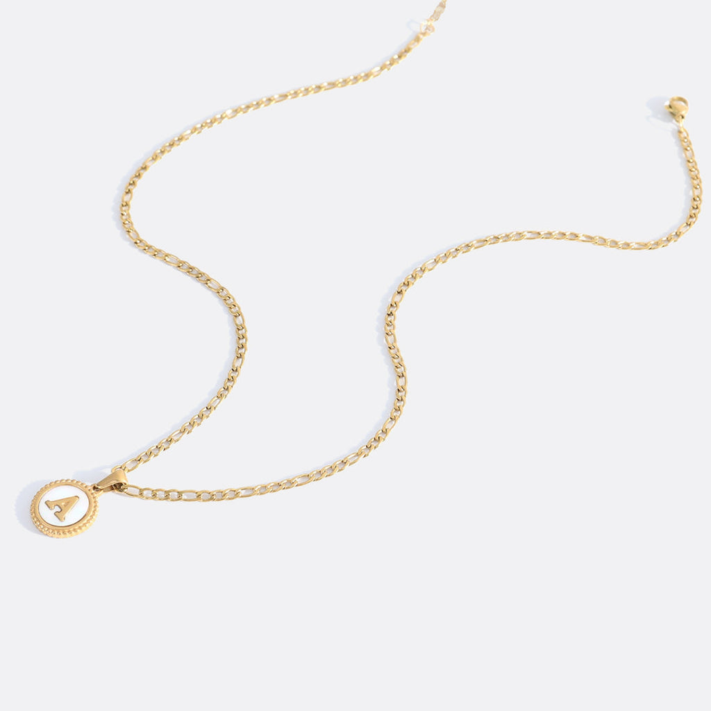 Mother of Pearl Disc Letter Necklace with Figaro Chain