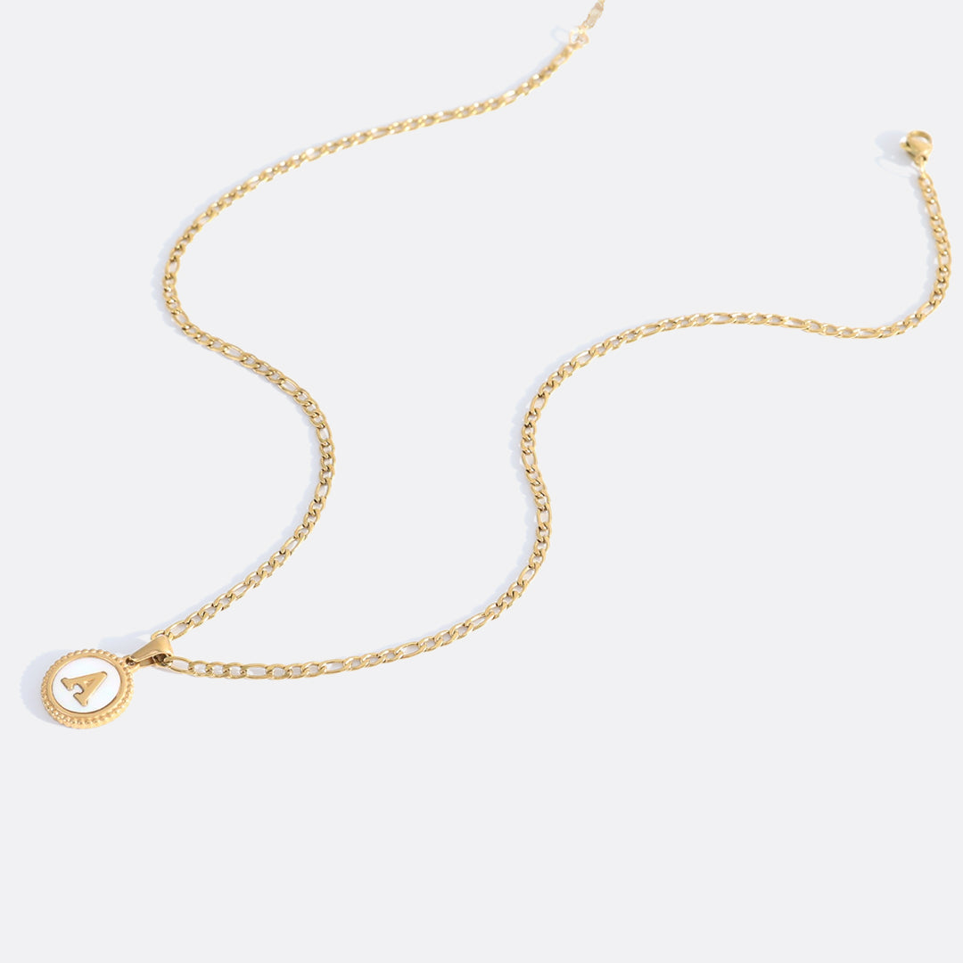 Mother of Pearl Disc Letter Necklace with Figaro Chain