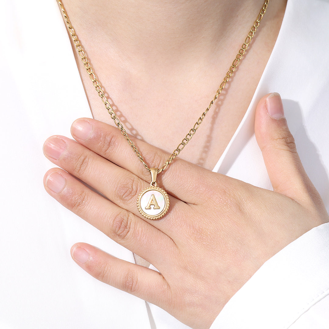 Mother of Pearl Disc Letter Necklace with Figaro Chain