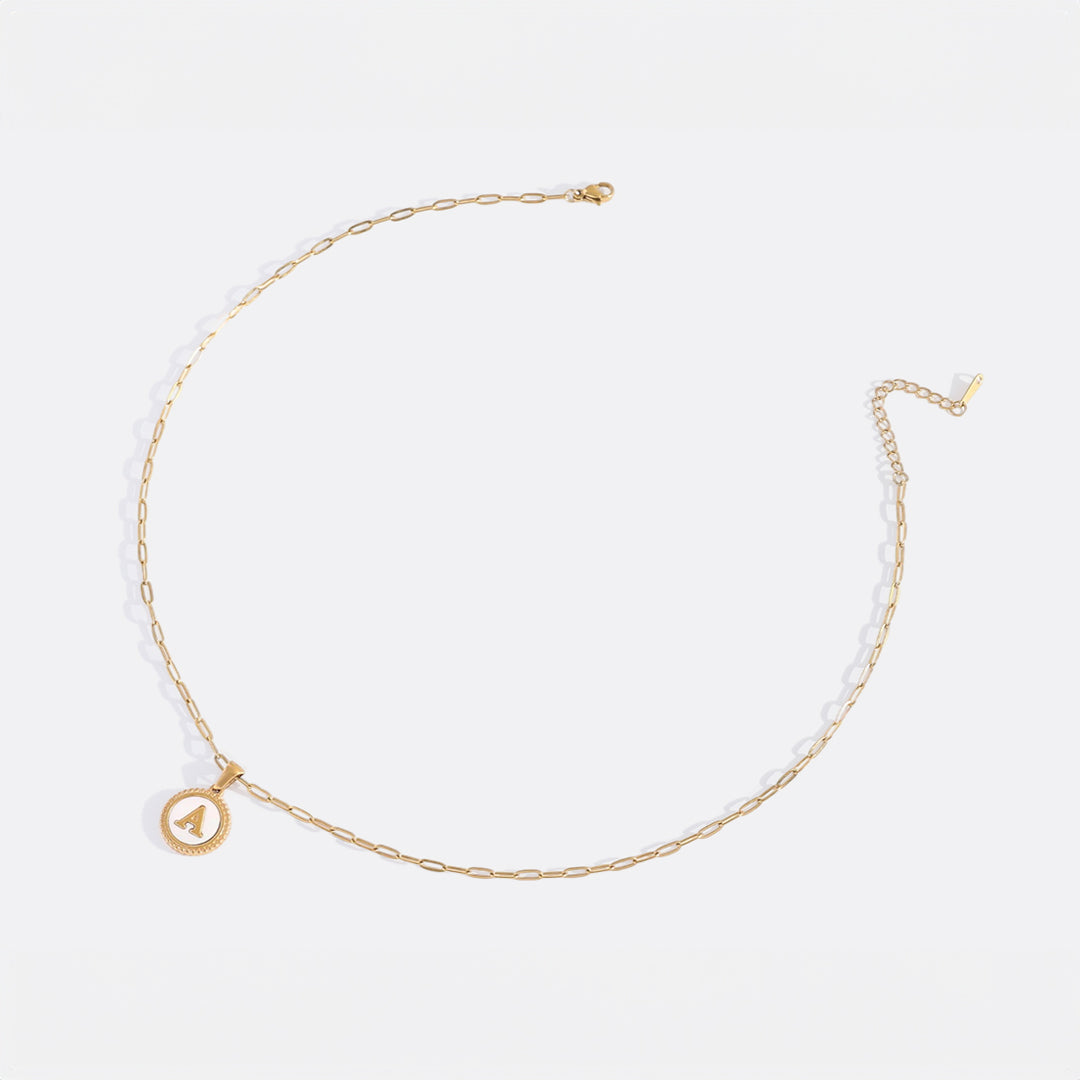 Mother of Pearl Disc Letter Necklace with Paperclip Chain