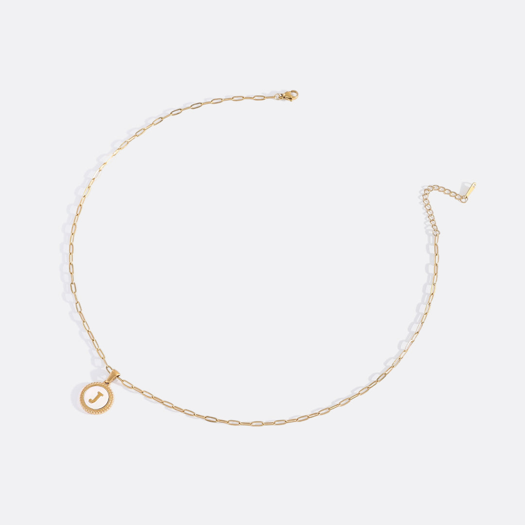 Mother of Pearl Disc Letter Necklace with Paperclip Chain