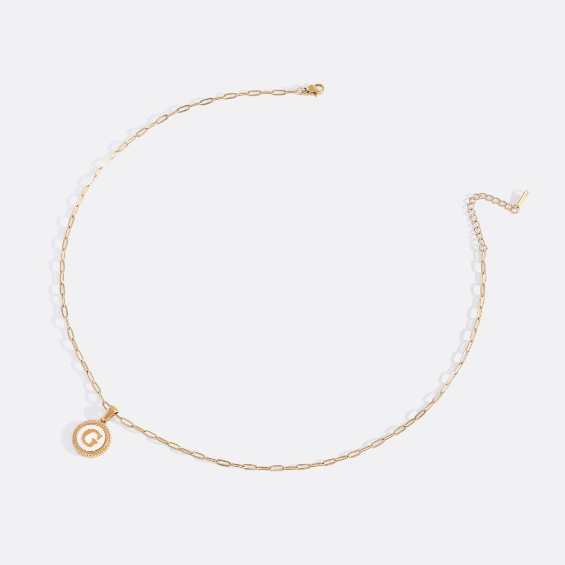 Mother of Pearl Disc Letter Necklace with Paperclip Chain