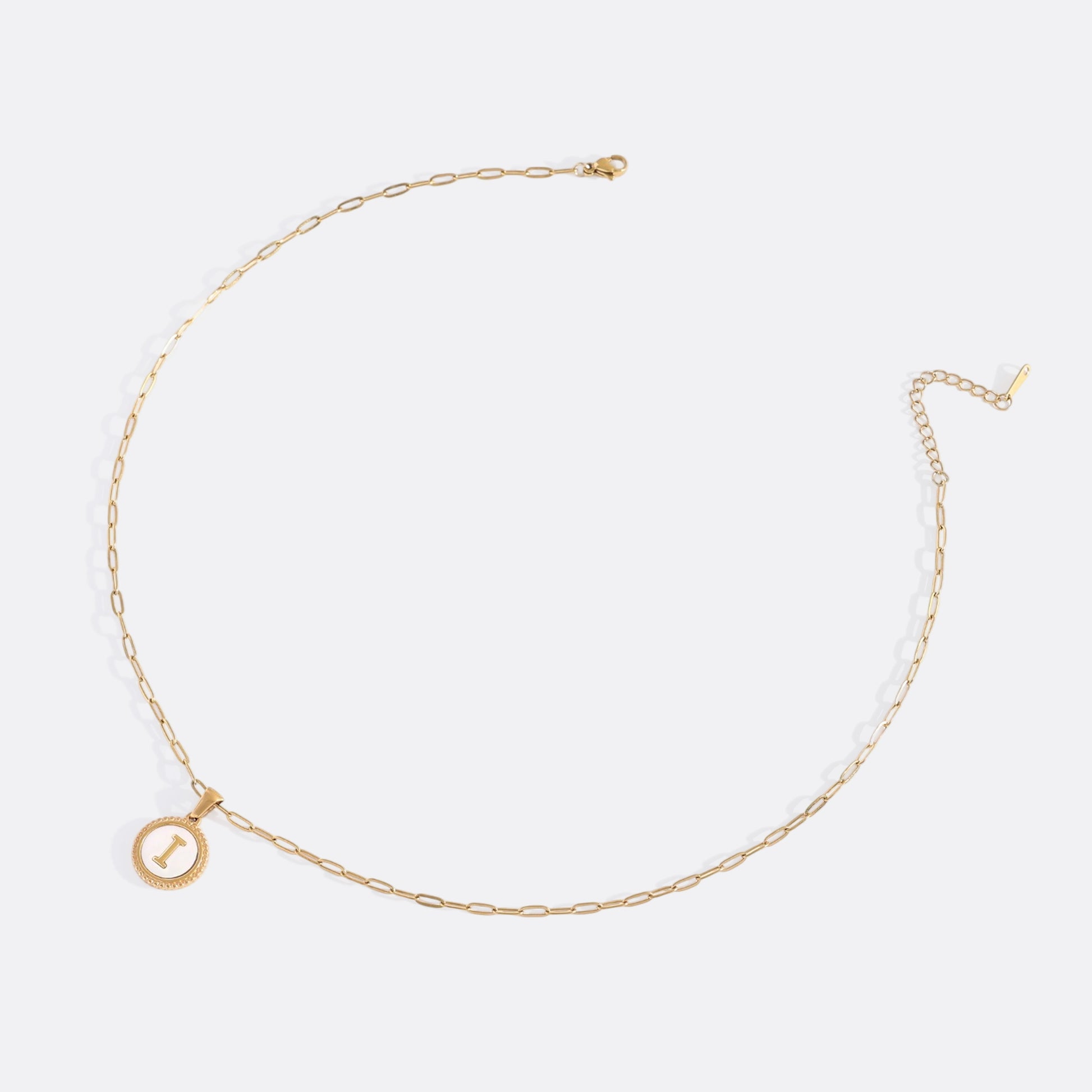 Mother of Pearl Disc Letter Necklace with Paperclip Chain