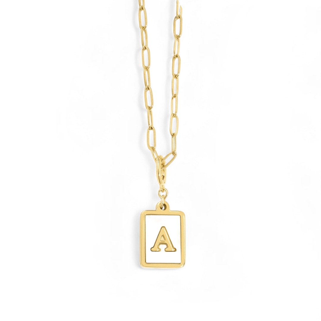 Mother of Pearl Card Initial Necklace | Paperclip Chain