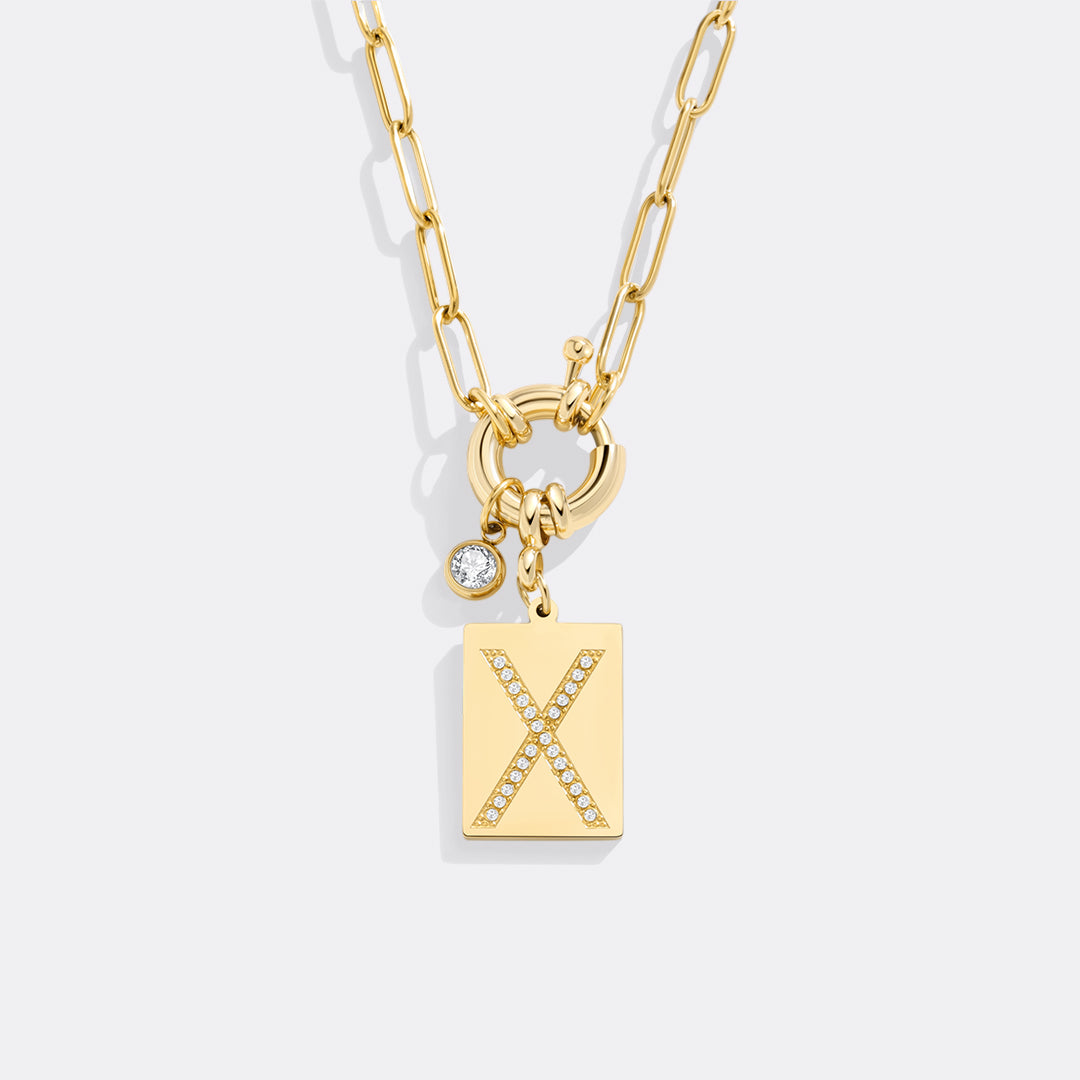 Pave Initial Pendant Necklace with Paperclip Chain