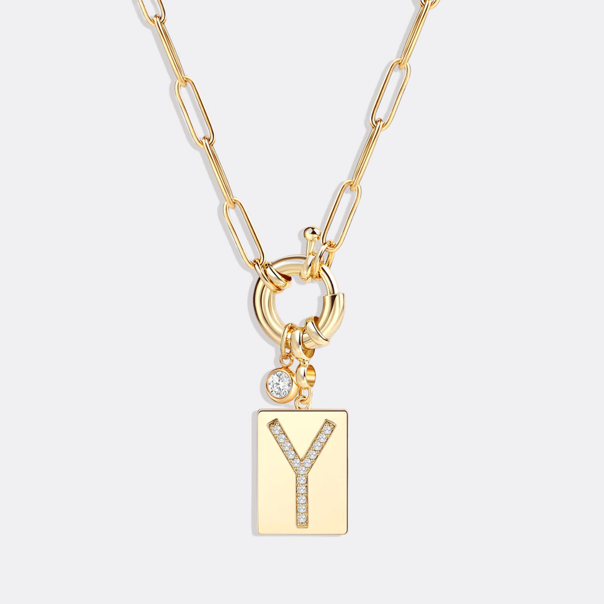 Pave Initial Pendant Necklace with Paperclip Chain