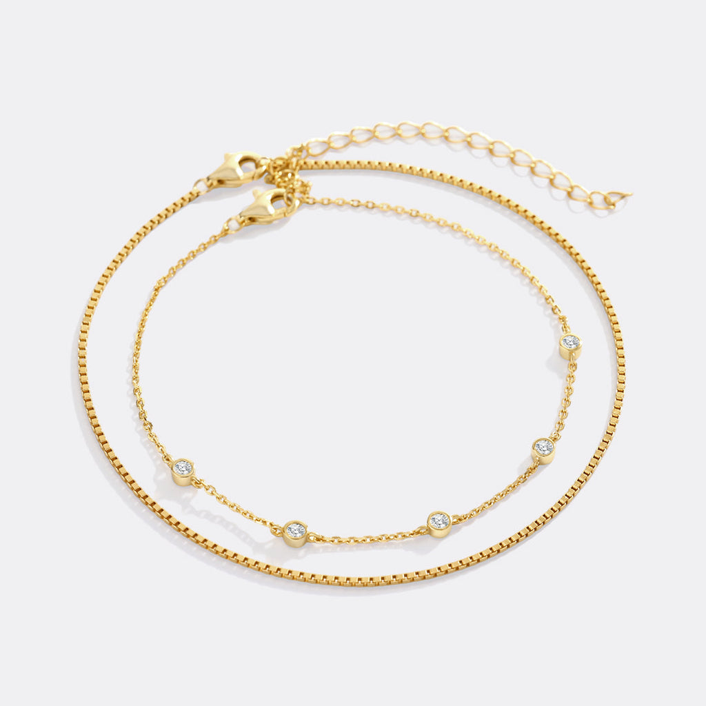 Bezel Set Diamond Bracelet and Box Chain Bracelet Stacking Set