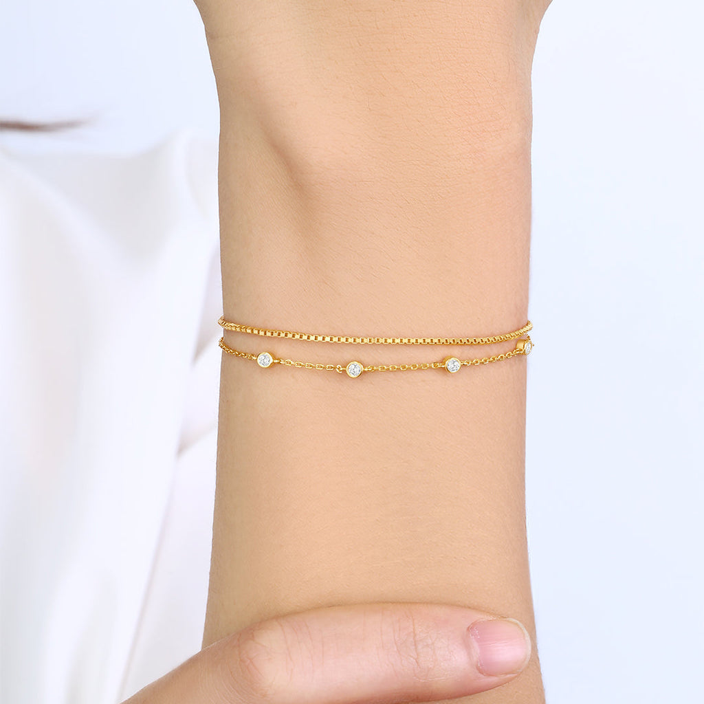 Bezel Set Diamond Bracelet and Box Chain Bracelet Stacking Set