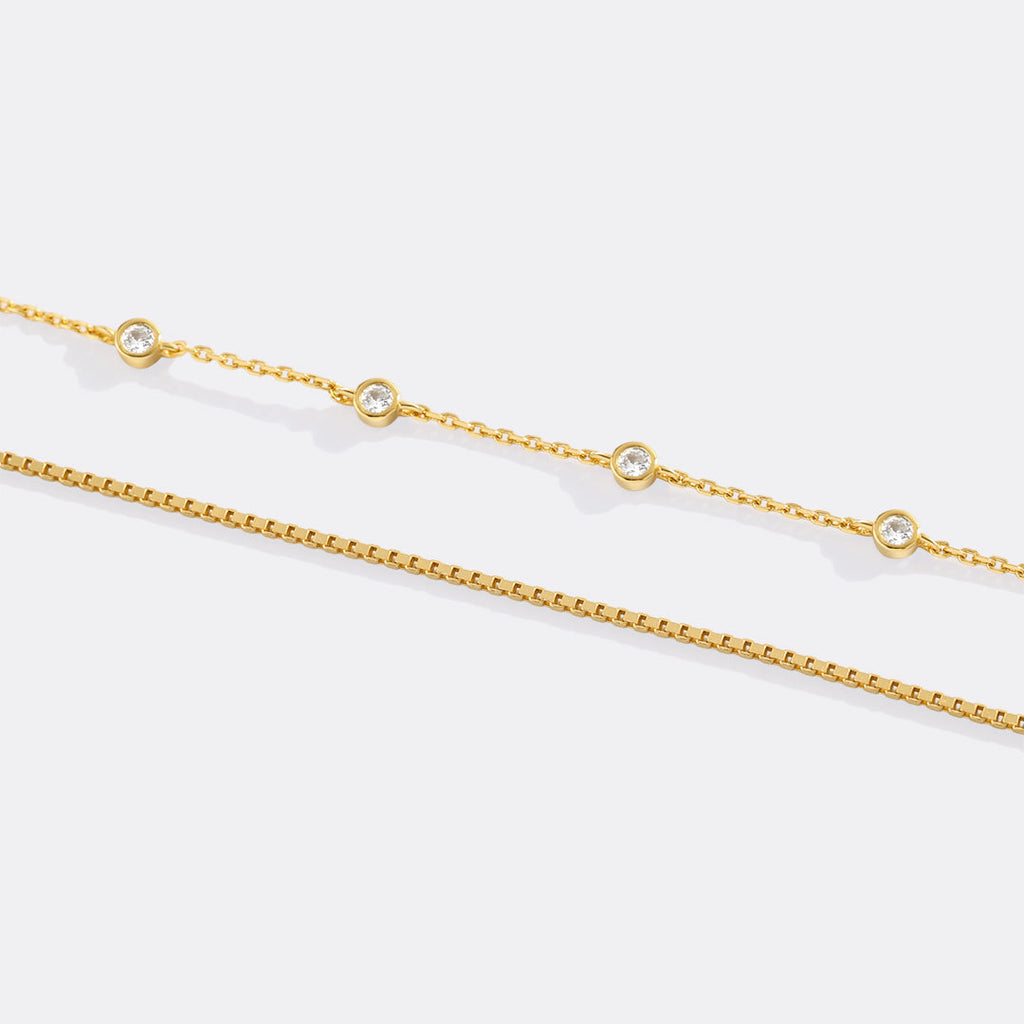 Bezel Set Diamond Bracelet and Box Chain Bracelet Stacking Set