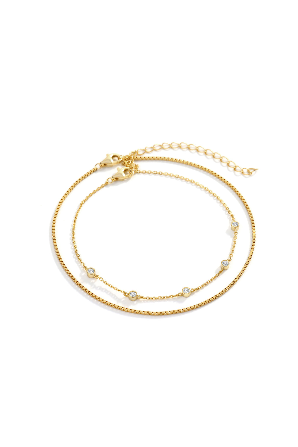 Bezel Set Diamond Bracelet and Box Chain Bracelet Stacking Set