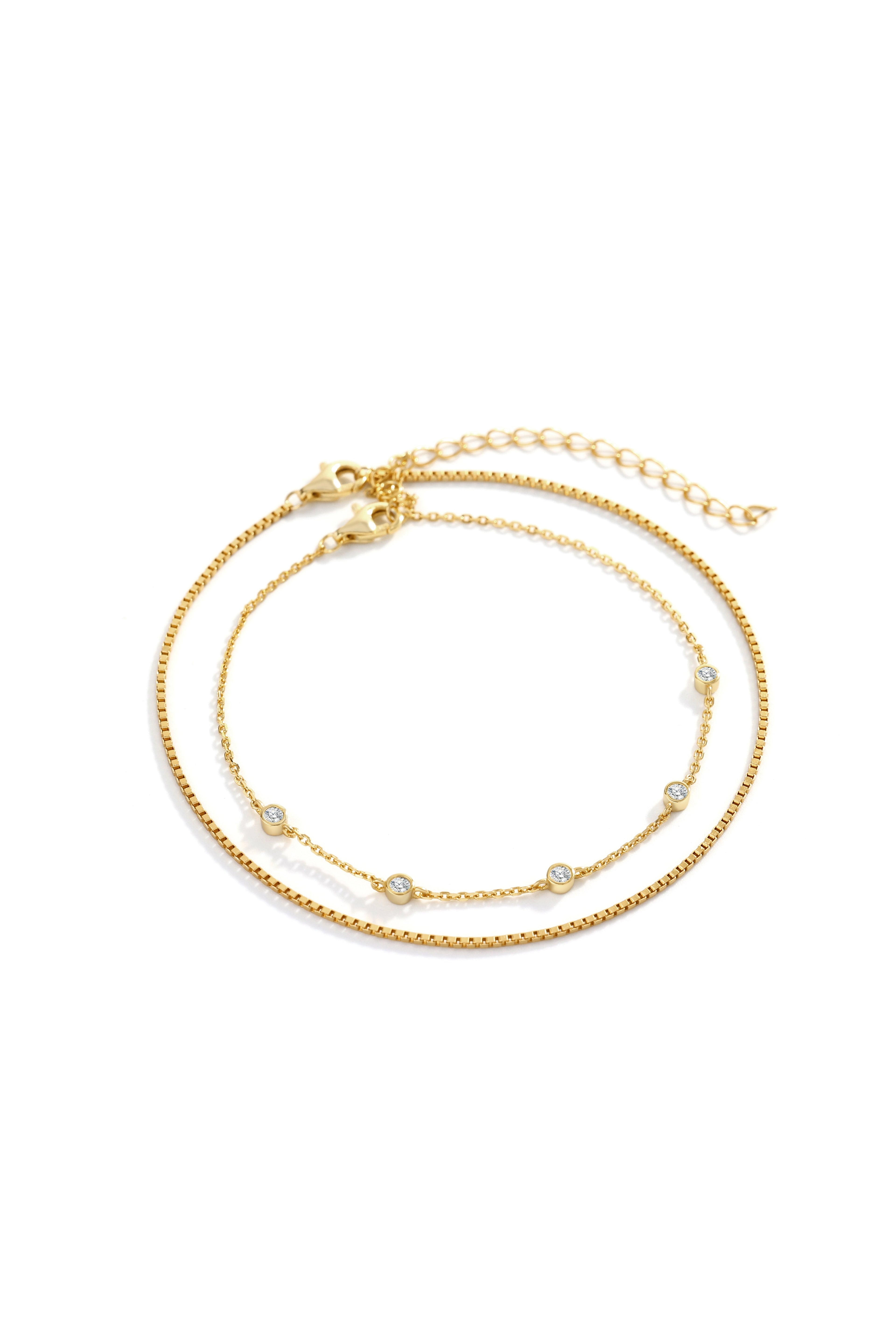 Bezel Set Diamond Bracelet and Box Chain Bracelet Stacking Set