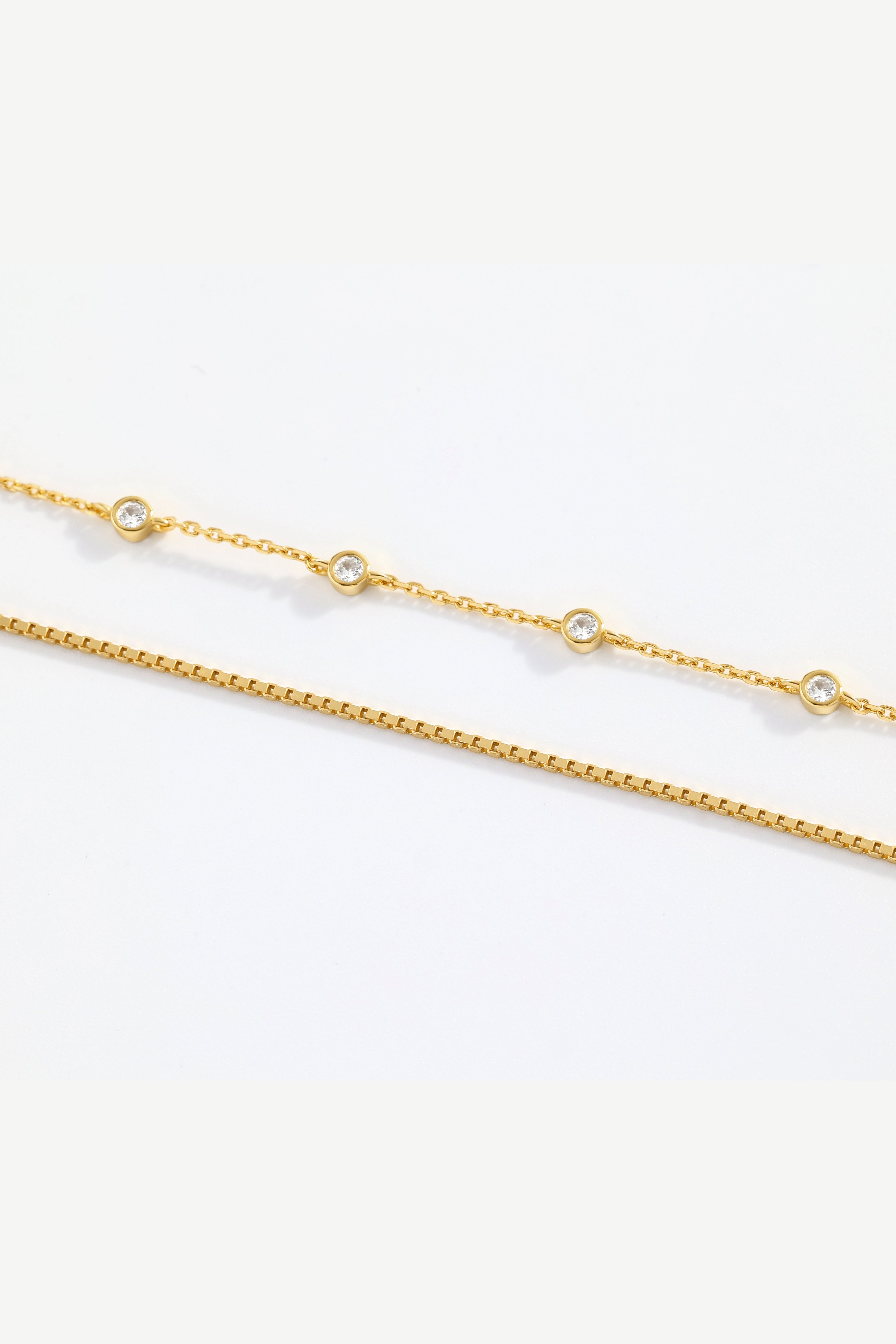 Bezel Set Diamond Bracelet and Box Chain Bracelet Stacking Set