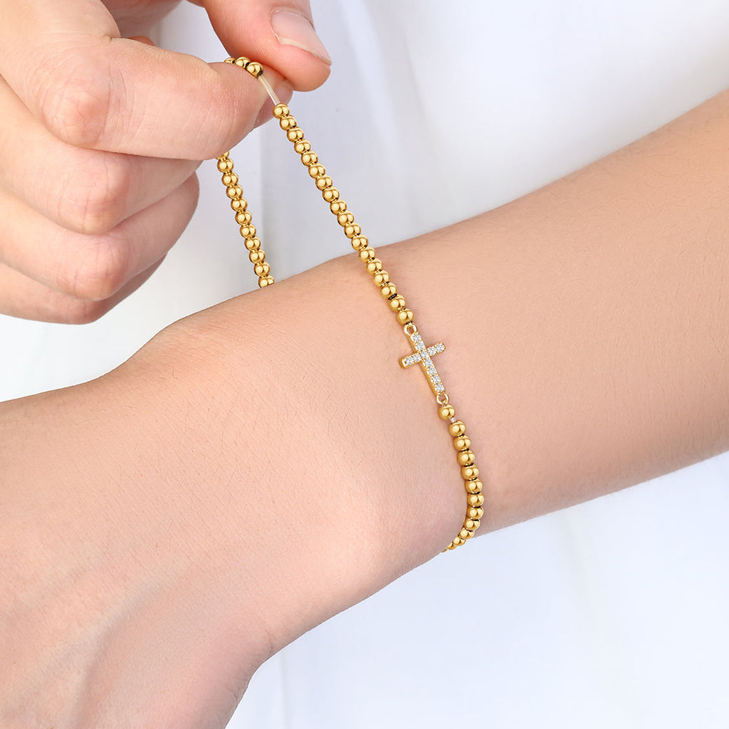 Gold Beaded Cross Stretch Bracelet