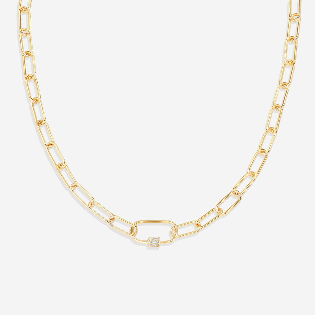 Link Chain Necklace with Pave Carabiner Clasp