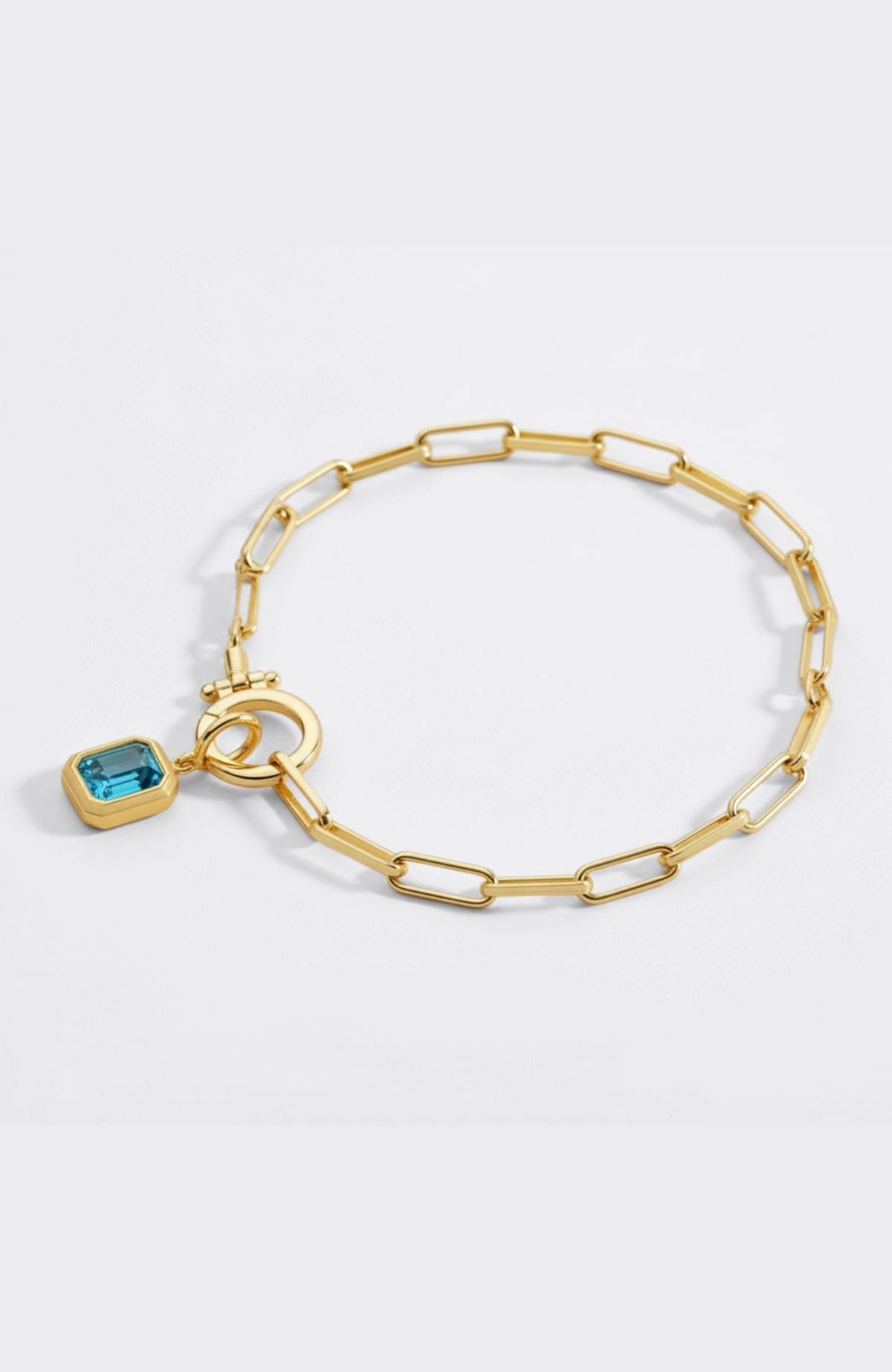 Baguette Birthstone Charm on Mint Paperclip Bracelet
