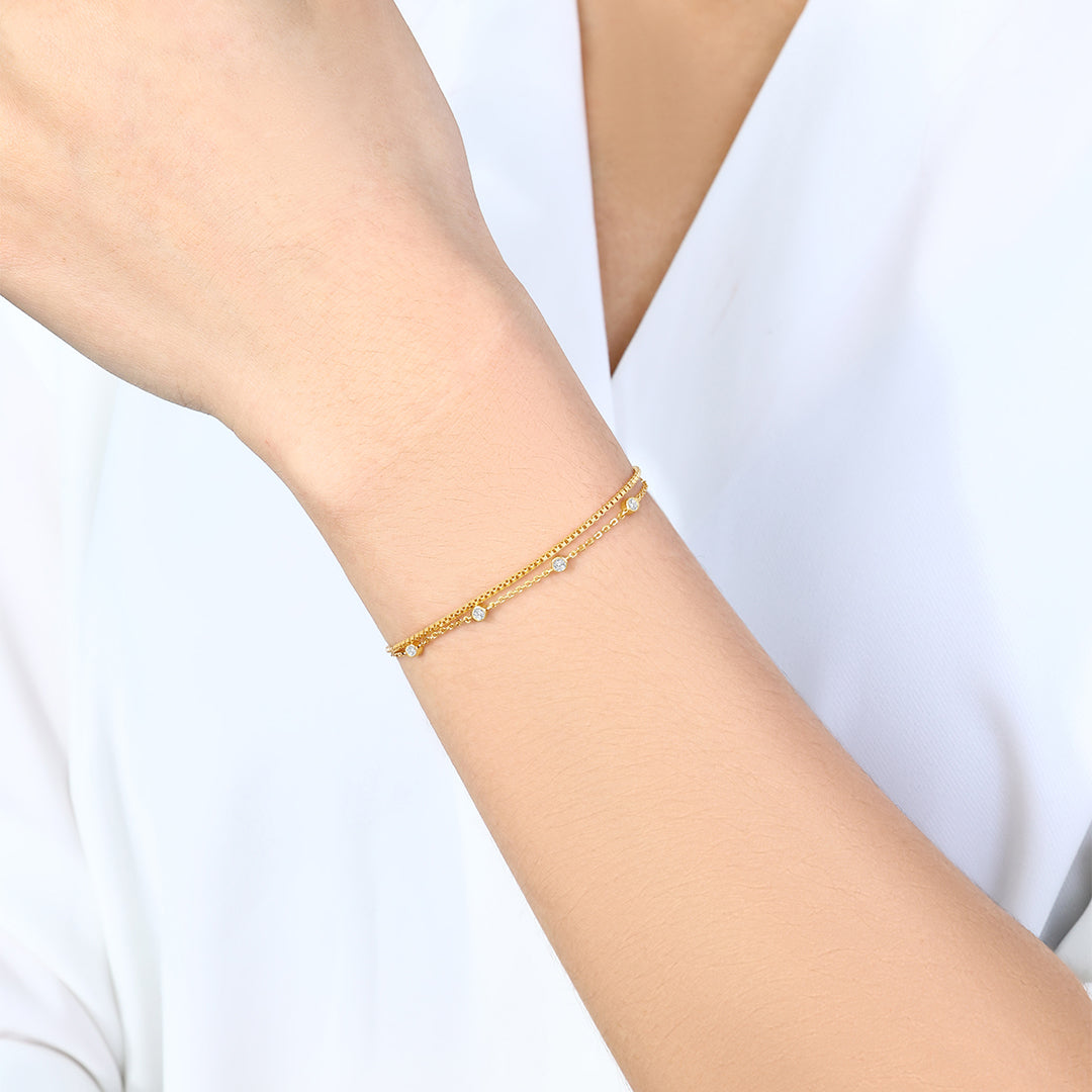 Bezel Set Diamond Bracelet and Box Chain Bracelet Stacking Set