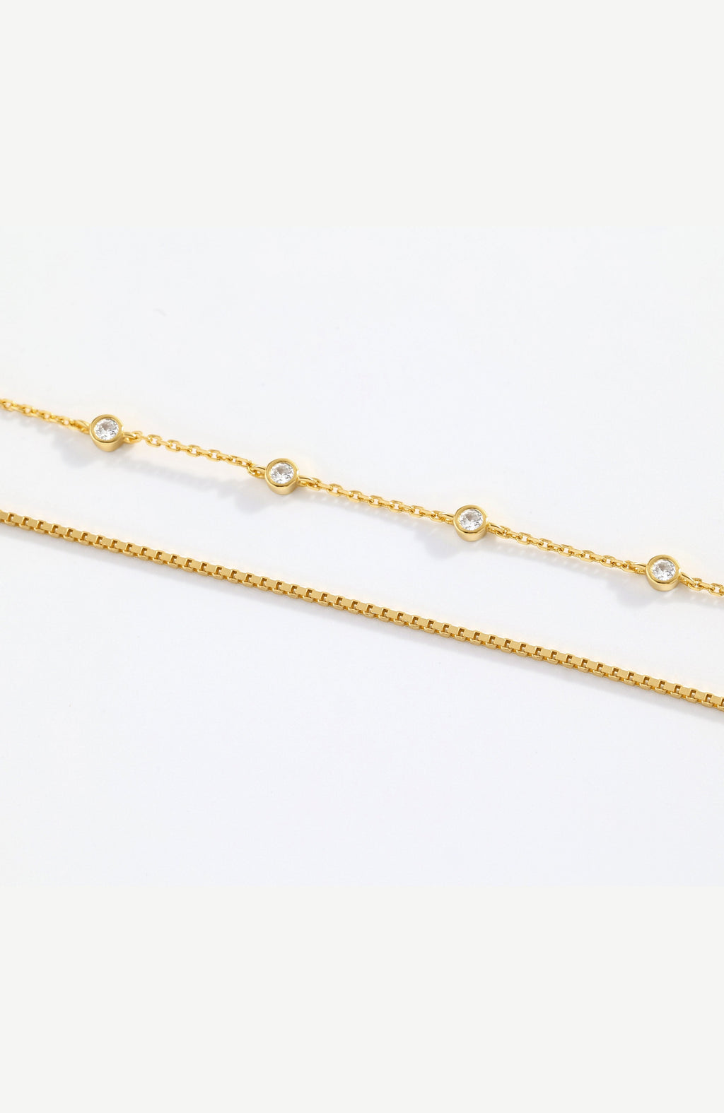Bezel Set Diamond Bracelet and Box Chain Bracelet Stacking Set