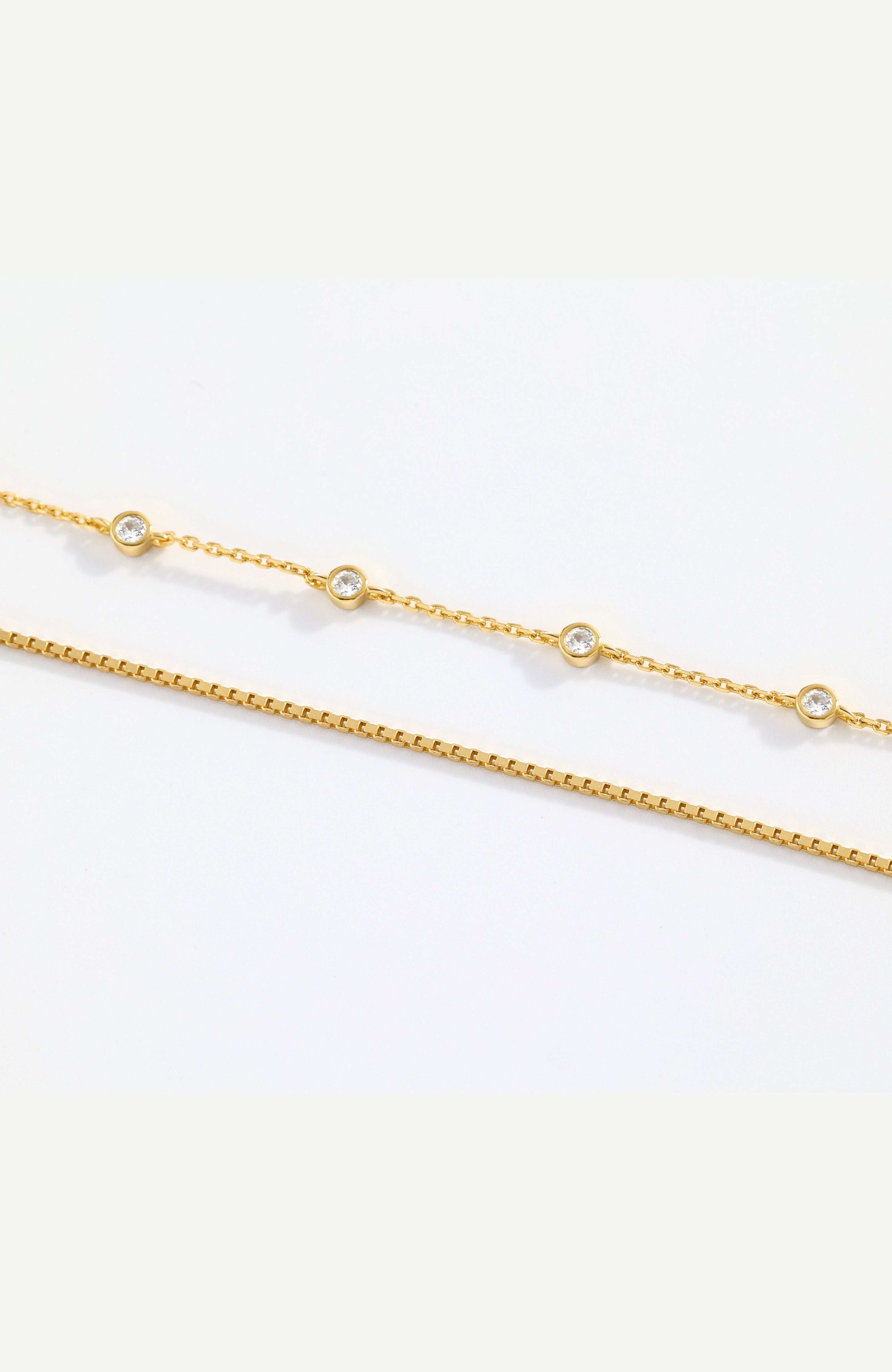 Bezel Set Diamond Bracelet and Box Chain Bracelet Stacking Set