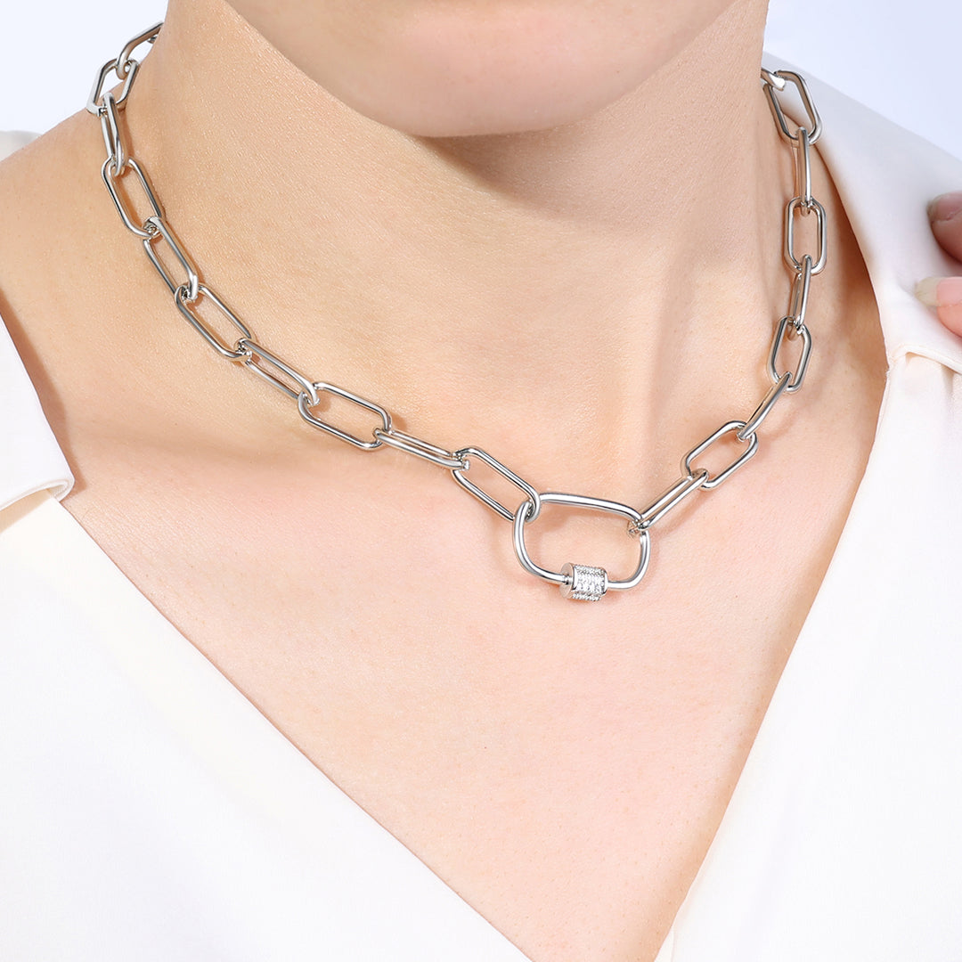 Link Chain Necklace with Pave Carabiner Clasp