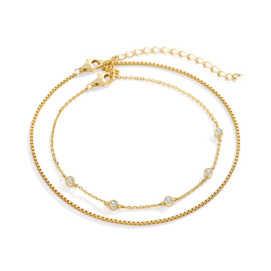 Bezel Set Diamond Bracelet and Box Chain Bracelet Stacking Set