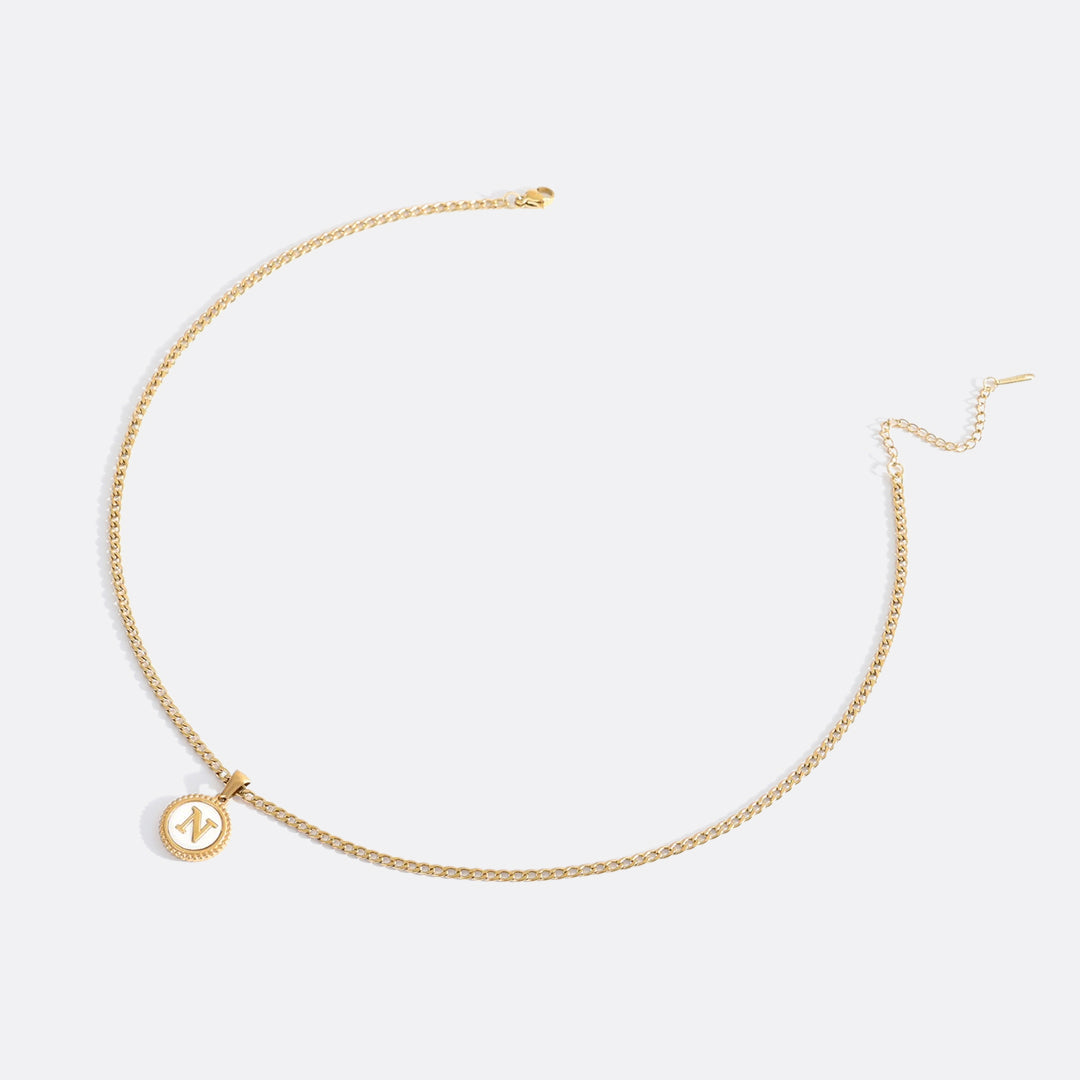 Mother of Pearl Disc Letter Necklace with Cuban Chain